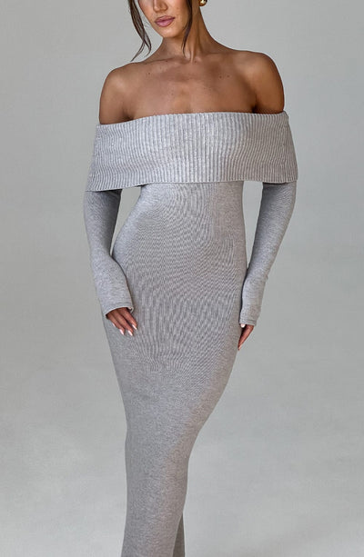 Shop Formal Dress - Beverley Knit Maxi Dress - Light Grey Marl third image