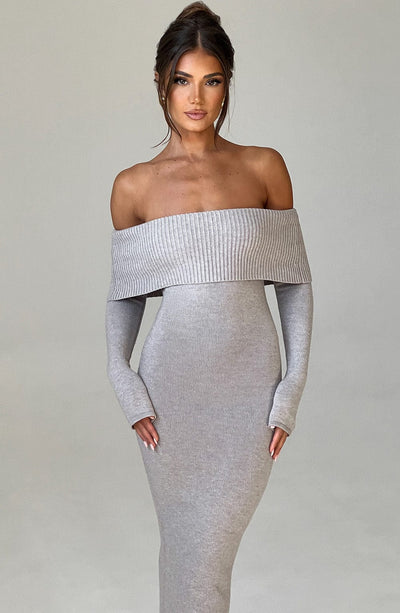 Shop Formal Dress - Beverley Knit Maxi Dress - Light Grey Marl fourth image