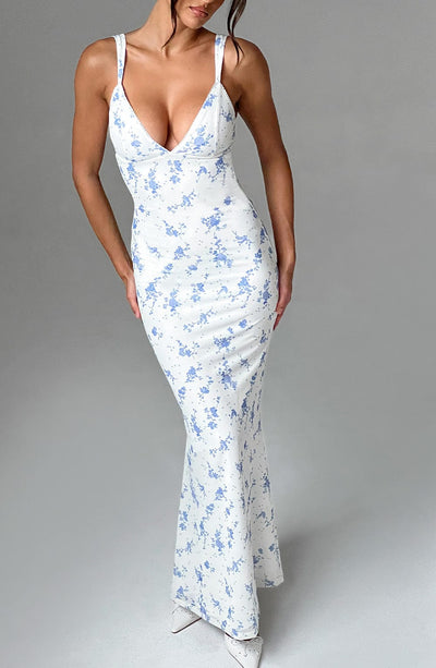 Shop Formal Dress - Caoimhe Maxi Dress - Blue Ditsy Print fourth image