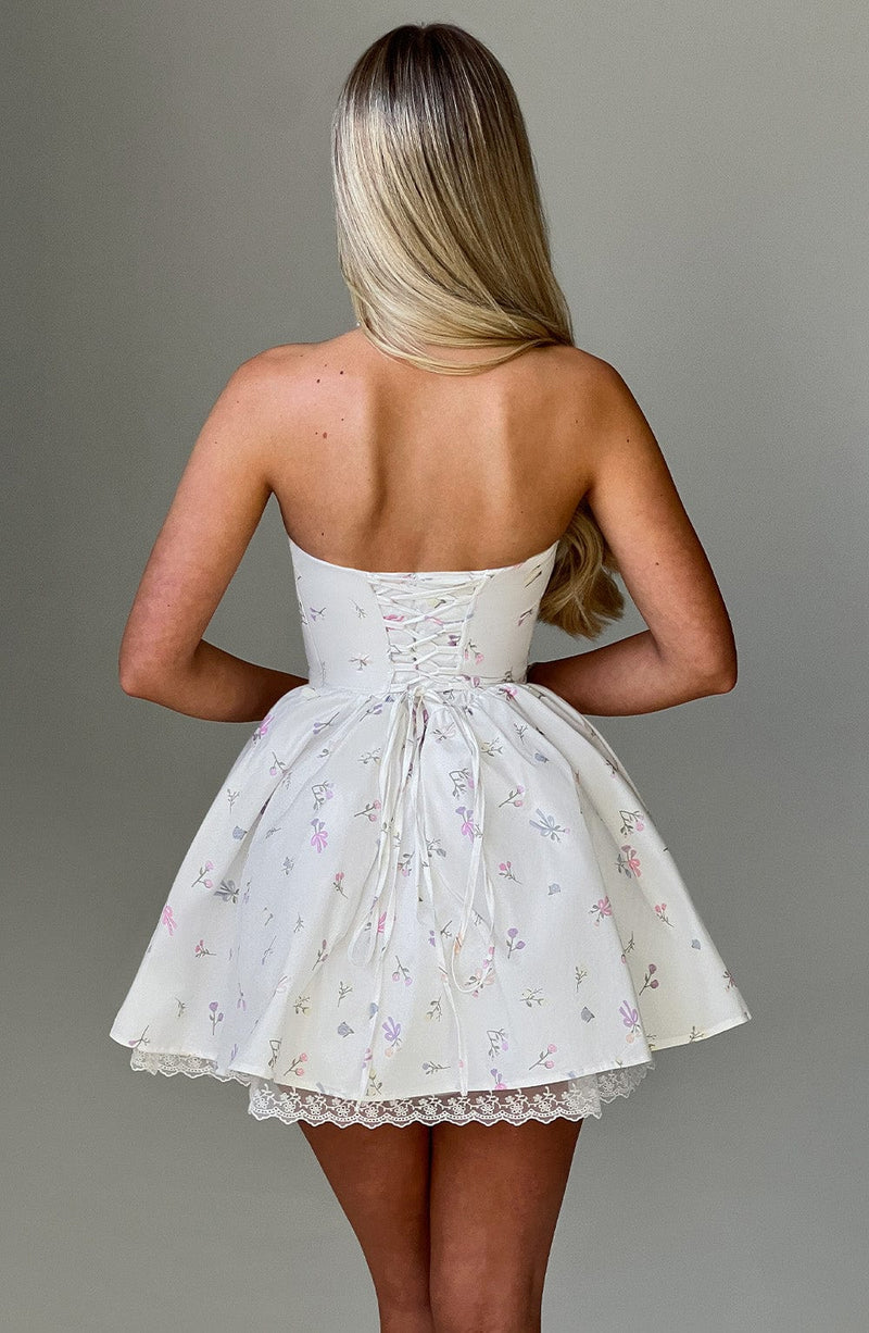 Evie Mini Dress - White Multi Floral Print Dress Babyboo Fashion Premium Exclusive Design