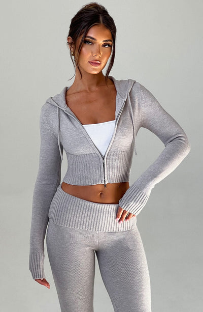 Portia Knit Hoodie - Light Grey Marl Tops Babyboo Fashion Premium Exclusive Design