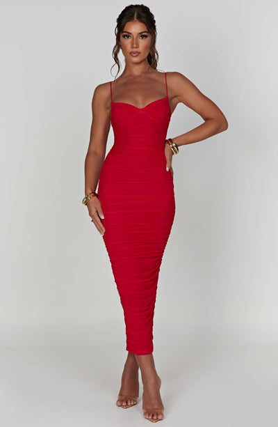 Leilani Strappy Mesh Maxi Dress in Black & Red Print – Get That Trend