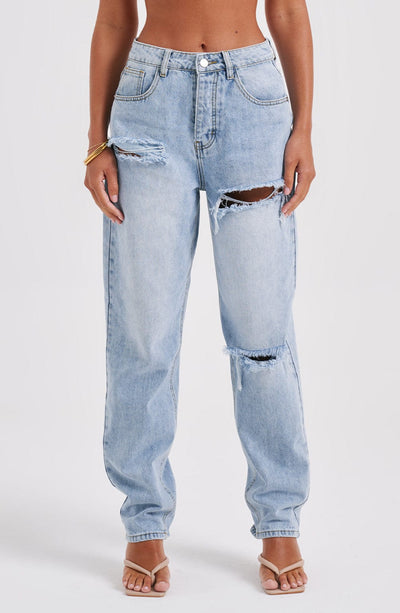 Light Blue Wash Thigh Split Baggy Boyfriend Jeans