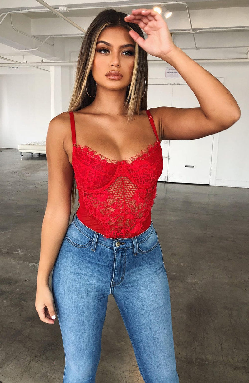 Red Bodysuit, Red Lace Bodysuit