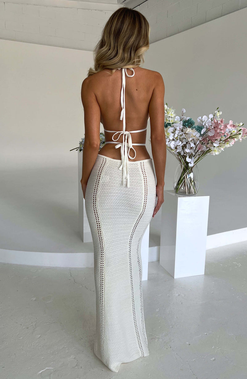 Fashion Simple Tube Top Slit Dress Low-cut Open-back Floor-length Dress-White